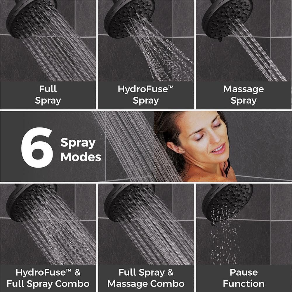 HydroFuse 6-Spray with 1.75 GPM 5.5625 in. Wall Mount Fixed Shower Head in Spot Defense Matte Black - Image 2