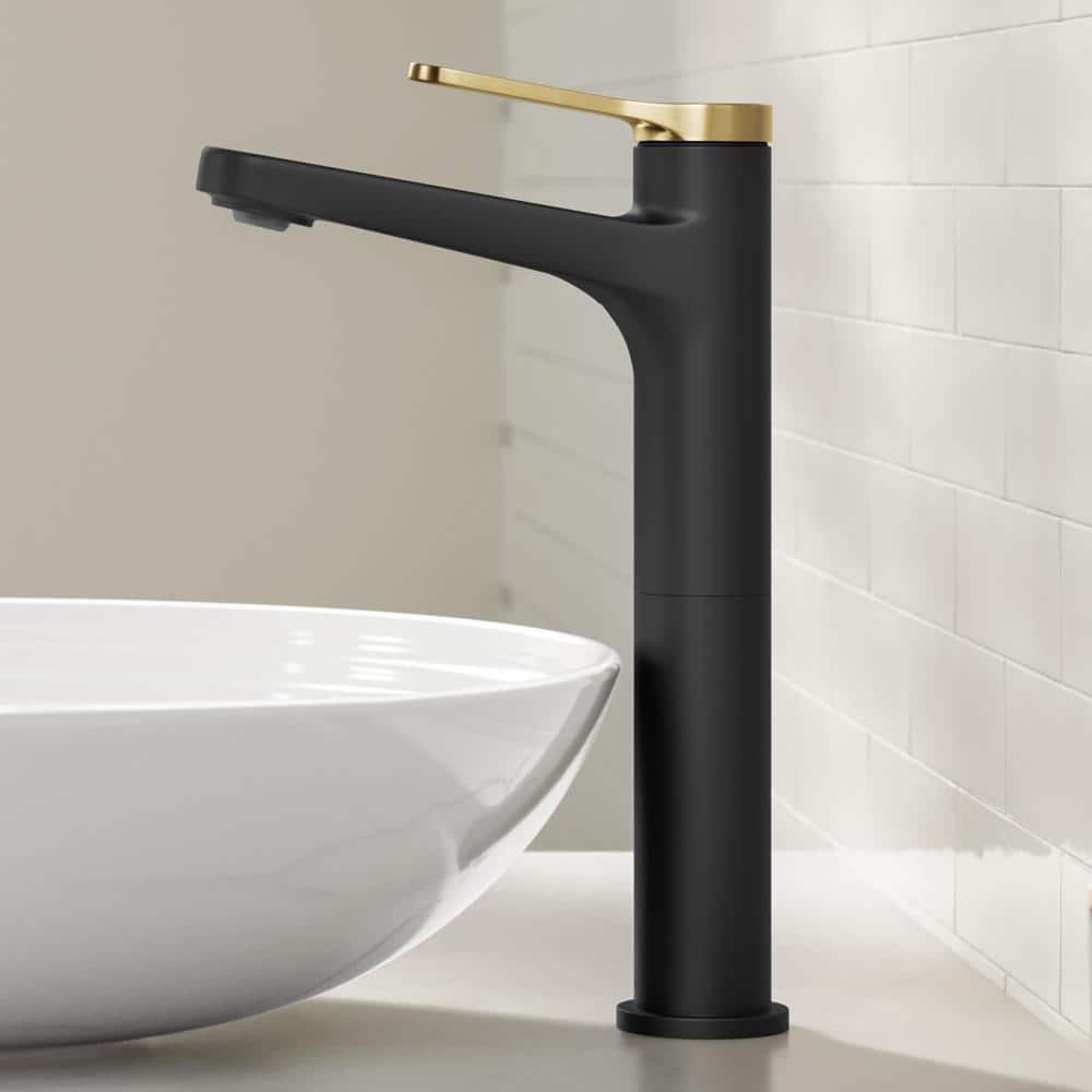 Indy Single Handle Vessel Sink Faucet in Spot-Free Brushed Brass / Matte Black with Pop Up Drain and Supply Lines - Image 3