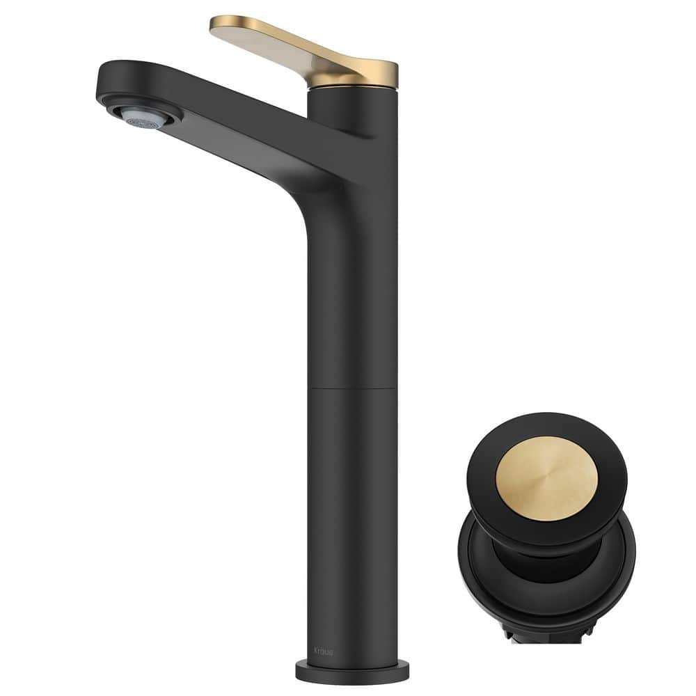 Indy Single Handle Vessel Sink Faucet in Spot-Free Brushed Brass / Matte Black with Pop Up Drain and Supply Lines - Image 2
