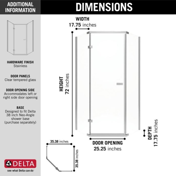 38 in. L x 38 in. W x 72 in. H Corner Neo-Angle Pan/Wall/Door Shower Stall Kit in White and Stainless - Image 4