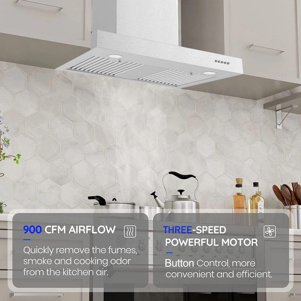 30 in. 900 CFM Ducted Wall Mount Range Hood in Stainless Steel With T-Shape, ‎Button Control, LED Light, Baffle Filter - Image 2