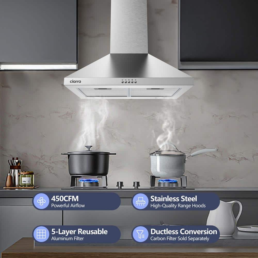 24 in. Convertible Wall Mounted Range Hood in Stainless Steel with 3-Speed Extraction - Image 2