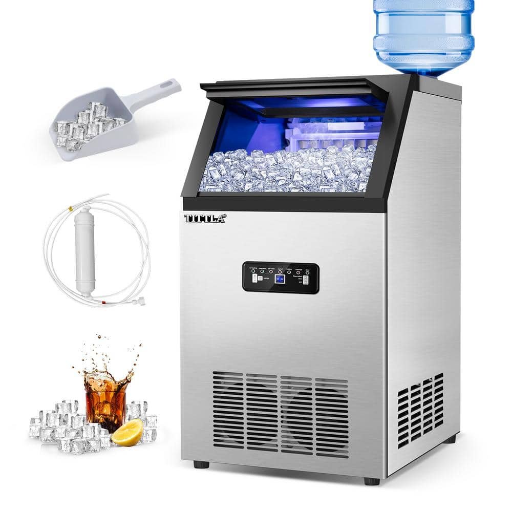 14 in. 100 lbs. Full Size Ice Cubes per day Ice Maker with Blue LEDs Interior in Silver Stainless Steel