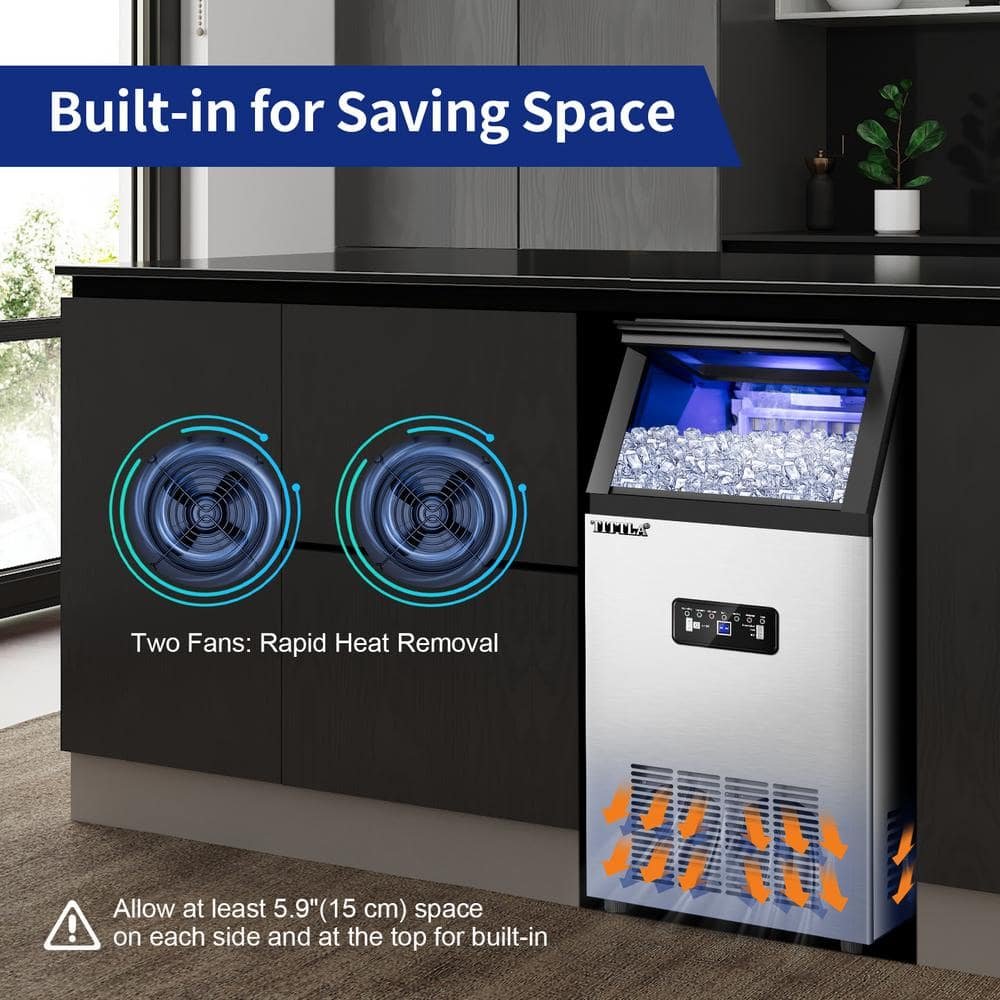 14 in. 100 lbs. Full Size Ice Cubes per day Ice Maker with Blue LEDs Interior in Silver Stainless Steel - Image 2