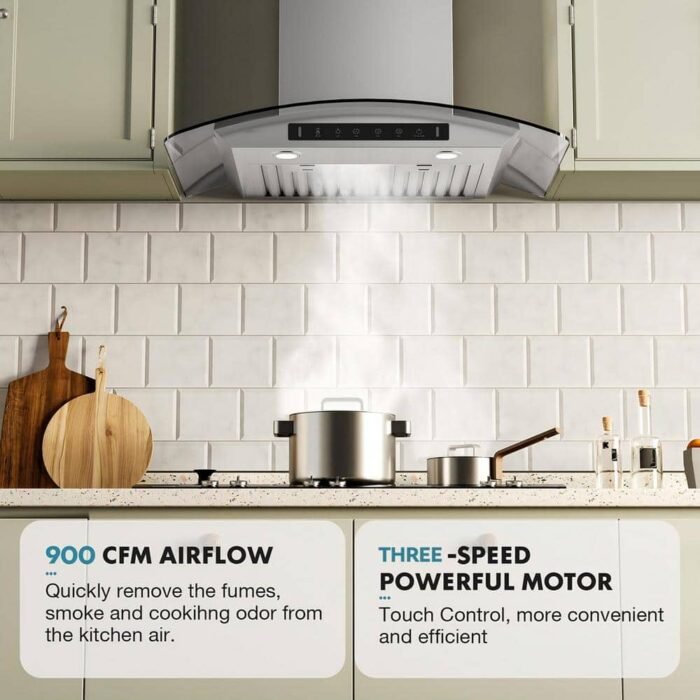 30 in. 900 CFM Ducted Wall Mount Range Hood in Stainless Steel with Glass Cover LED Lights Gesture and Touch Control - Image 2