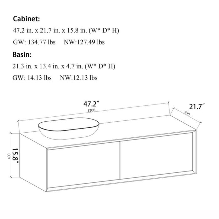 47.2 in. W x 21.7 in. D x 15.7 in. H Wall Mounted Bath Vanity in F.Oak with White Solid Surface Top - Image 2