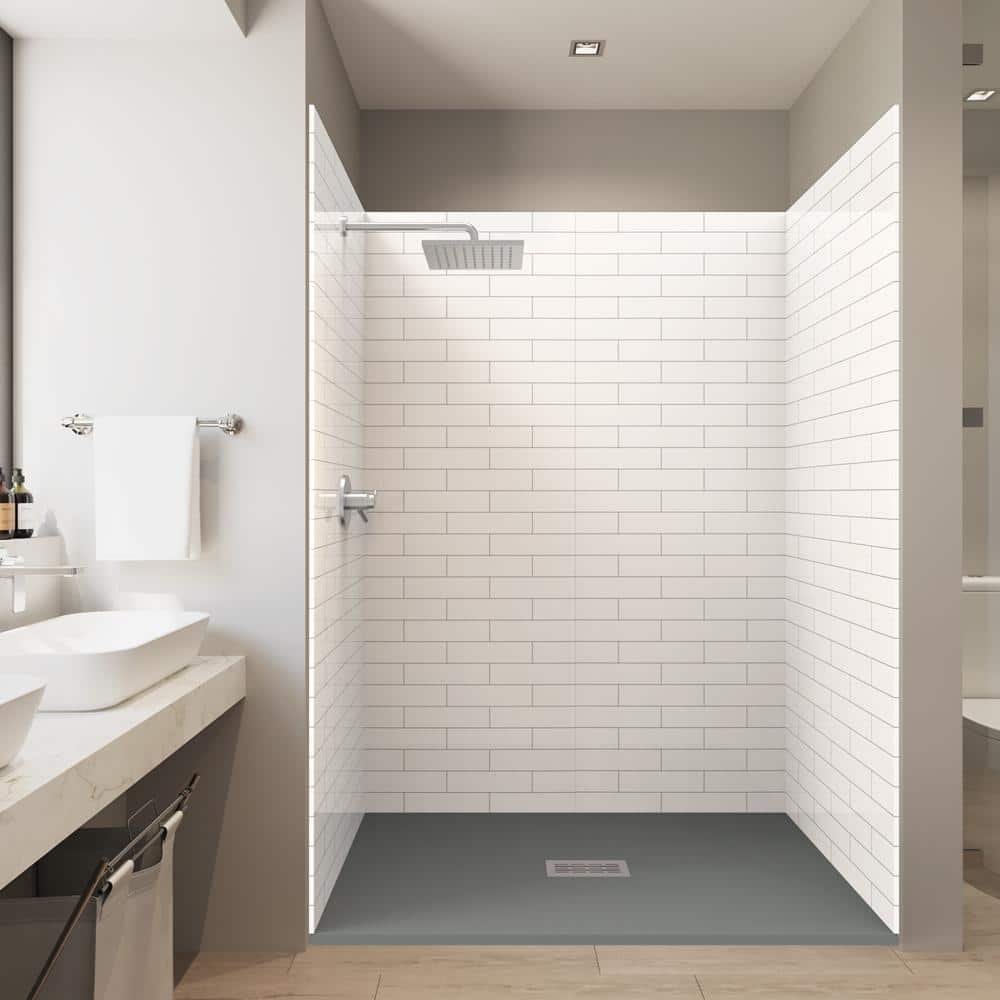 60 in. x 36 in. x 84 in. Solid Composite Stone Alcove Shower Kit - Subway Shower Walls and Cntr GR Sand Shower Pan Base