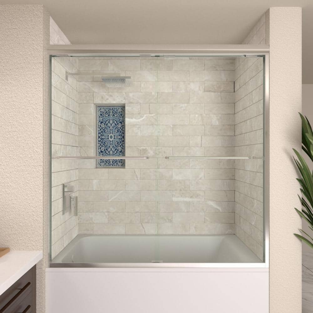 60 in. W x 56 in. H Sliding Semi Frameless Tub Door in Chrome Finish with Clear Glass