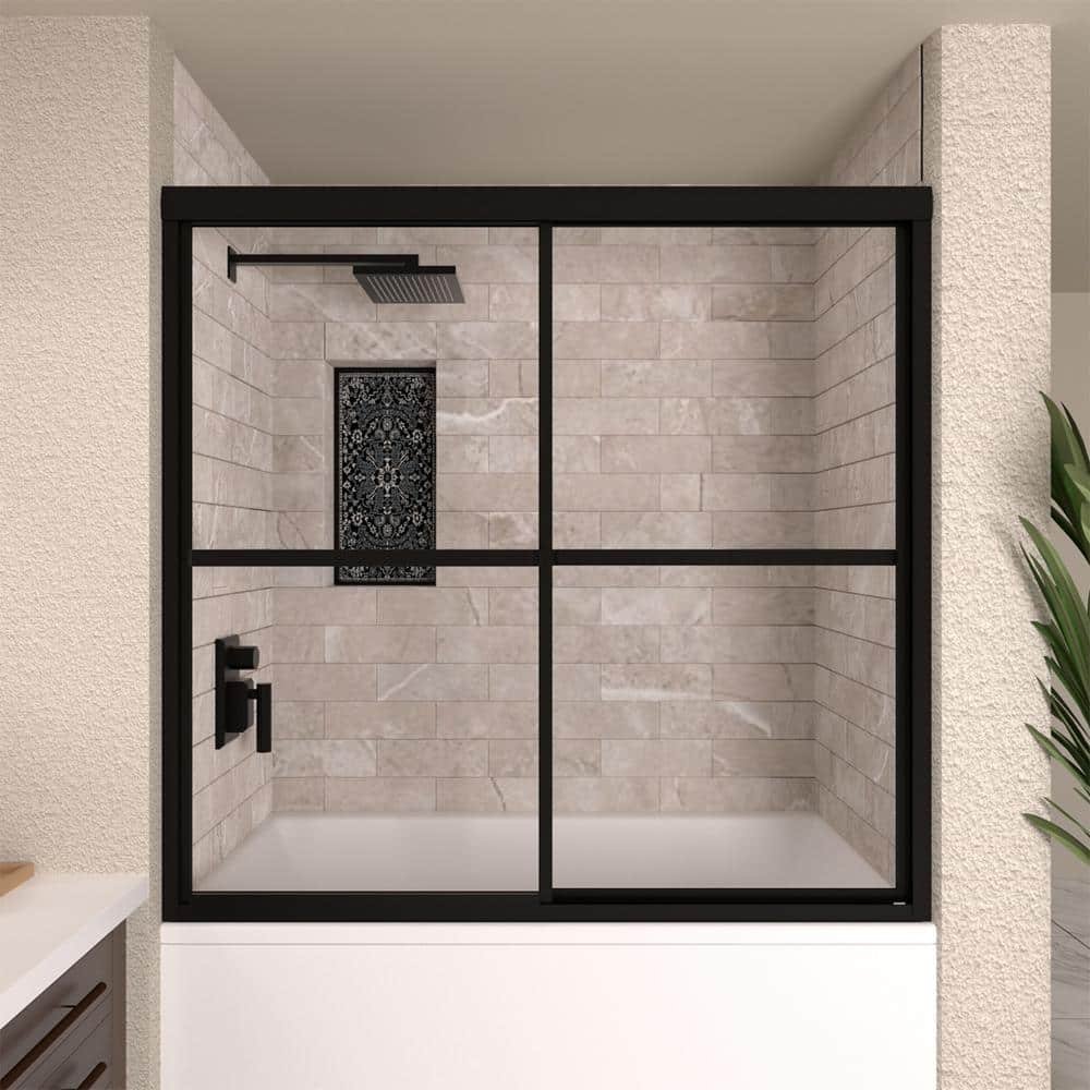 59 in. W x 56 in. H Sliding Framed Tub Door in Matte Black Finish with Clear Tempered Glass