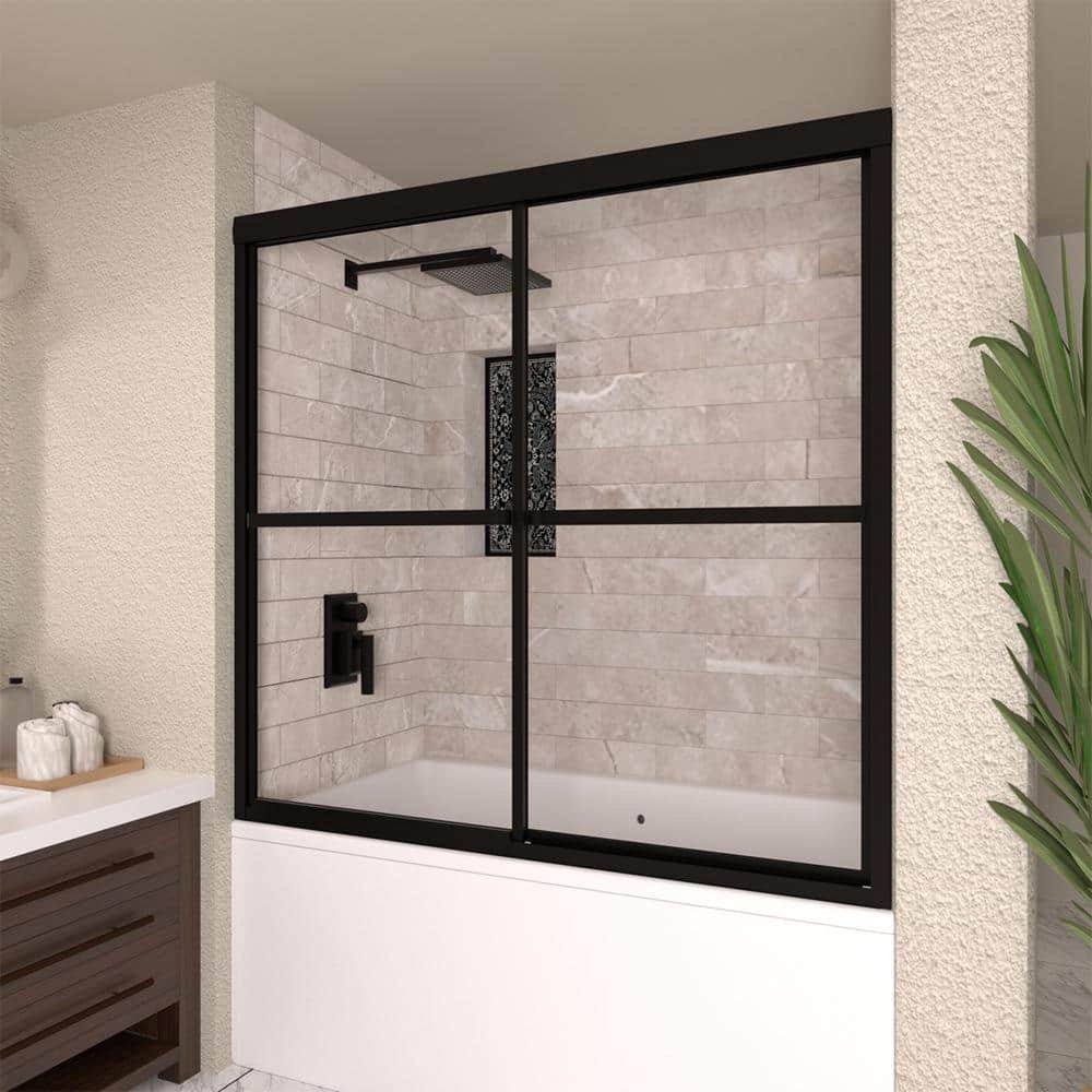 59 in. W x 56 in. H Sliding Framed Tub Door in Matte Black Finish with Clear Tempered Glass - Image 2