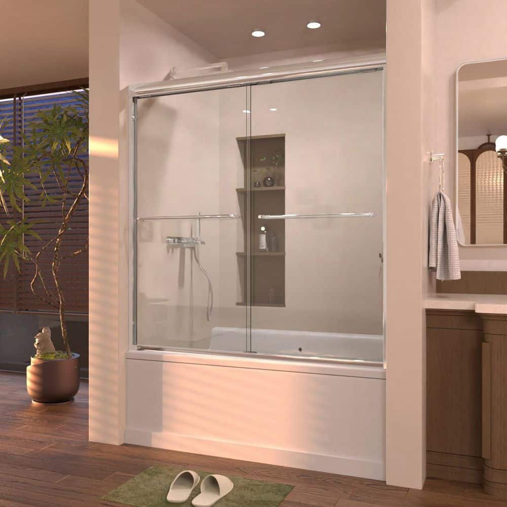 Prism 60 in. W x 56 in. H Sliding Semi-Frameless Tub Door in Chrome with Clear Glass and Handles
