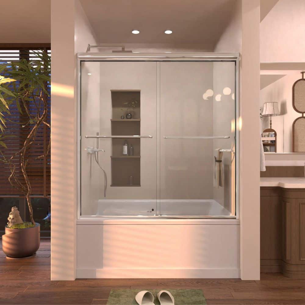 Prism 60 in. W x 56 in. H Sliding Semi-Frameless Tub Door in Chrome with Clear Glass and Handles - Image 2