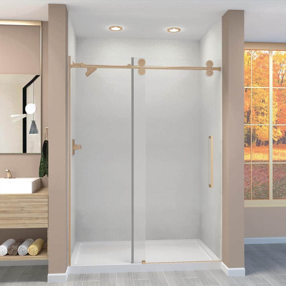 Teegan 59 in. W x 80 in. H Sliding Semi Frameless Shower Door with Fixed Panel in Champagne Bronze with Clear Glass - Image 3