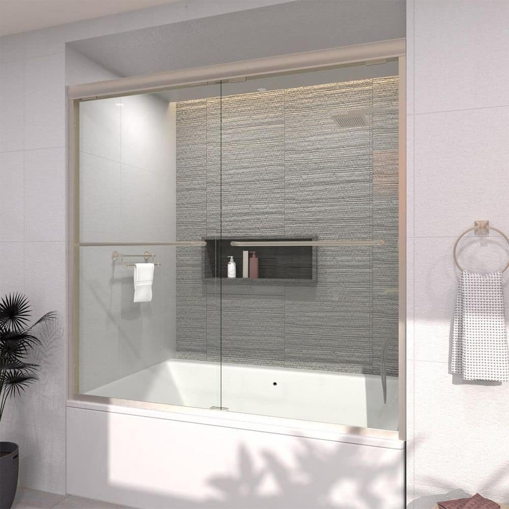 Ripple 60 in. W x 56 in. H Sliding Semi Frameless Tub Door in Brushed Nickel Finish with Clear Glass