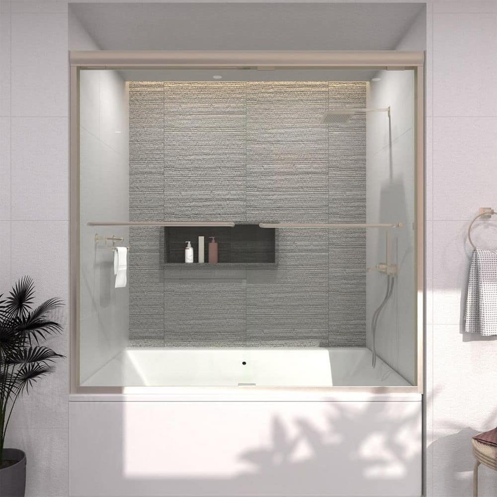 Ripple 60 in. W x 56 in. H Sliding Semi Frameless Tub Door in Brushed Nickel Finish with Clear Glass - Image 2