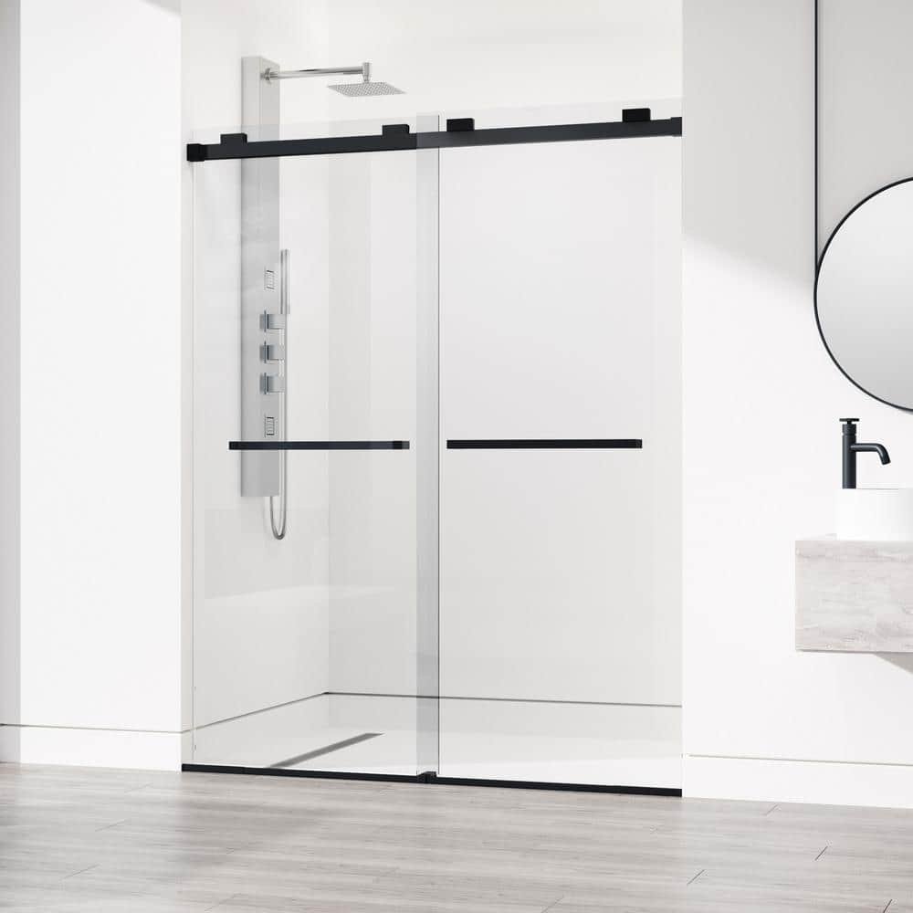 Houston 56 to 60 in. W x 76 in. H VMotion Sliding Frameless Shower Door in Matte Black with 3/8 in. (10mm) Clear Glass