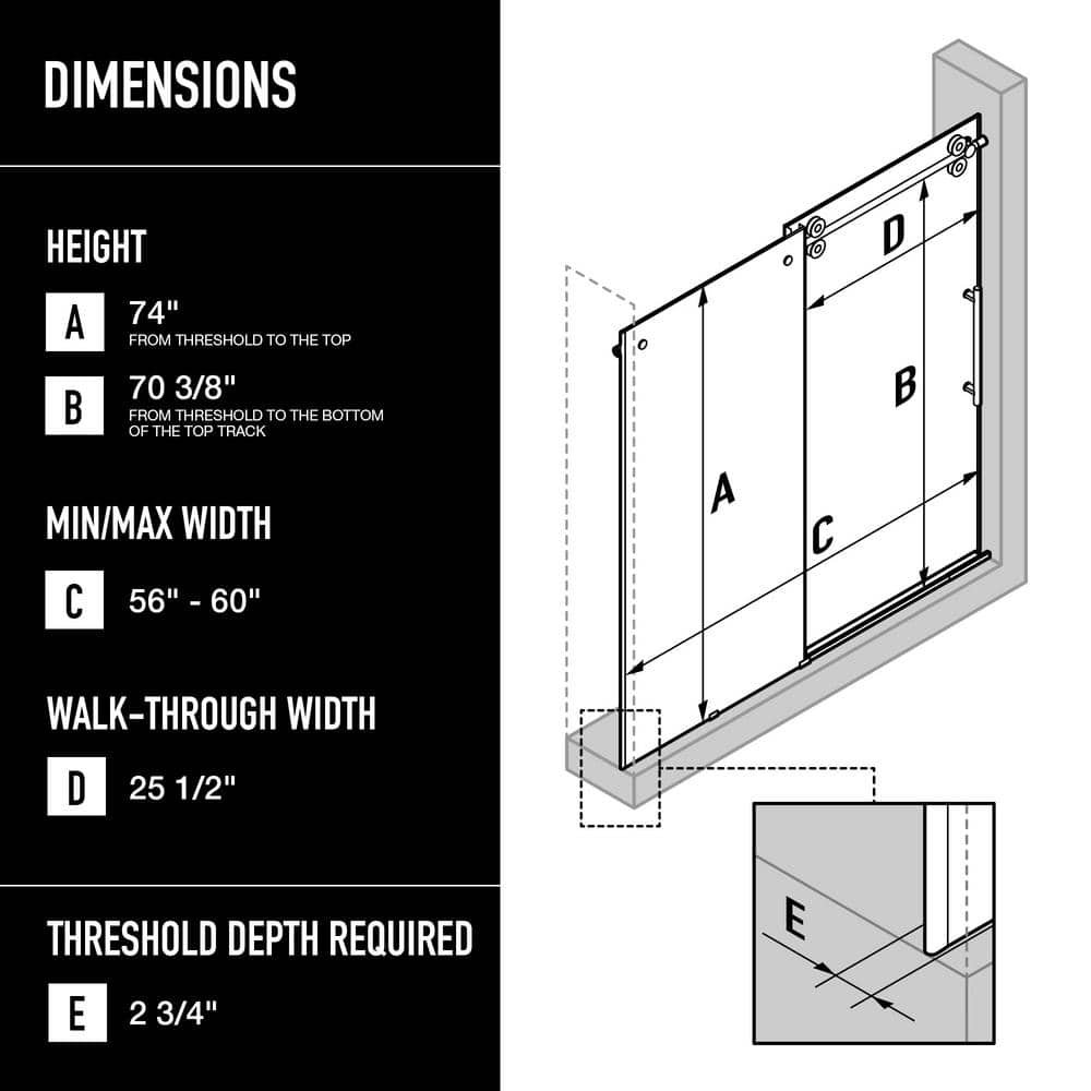 Elan 56 to 60 in. W x 74 in. H Frameless Sliding Shower Door in Matte Black with 3/8 in. (10 mm) Clear Glass - Image 3