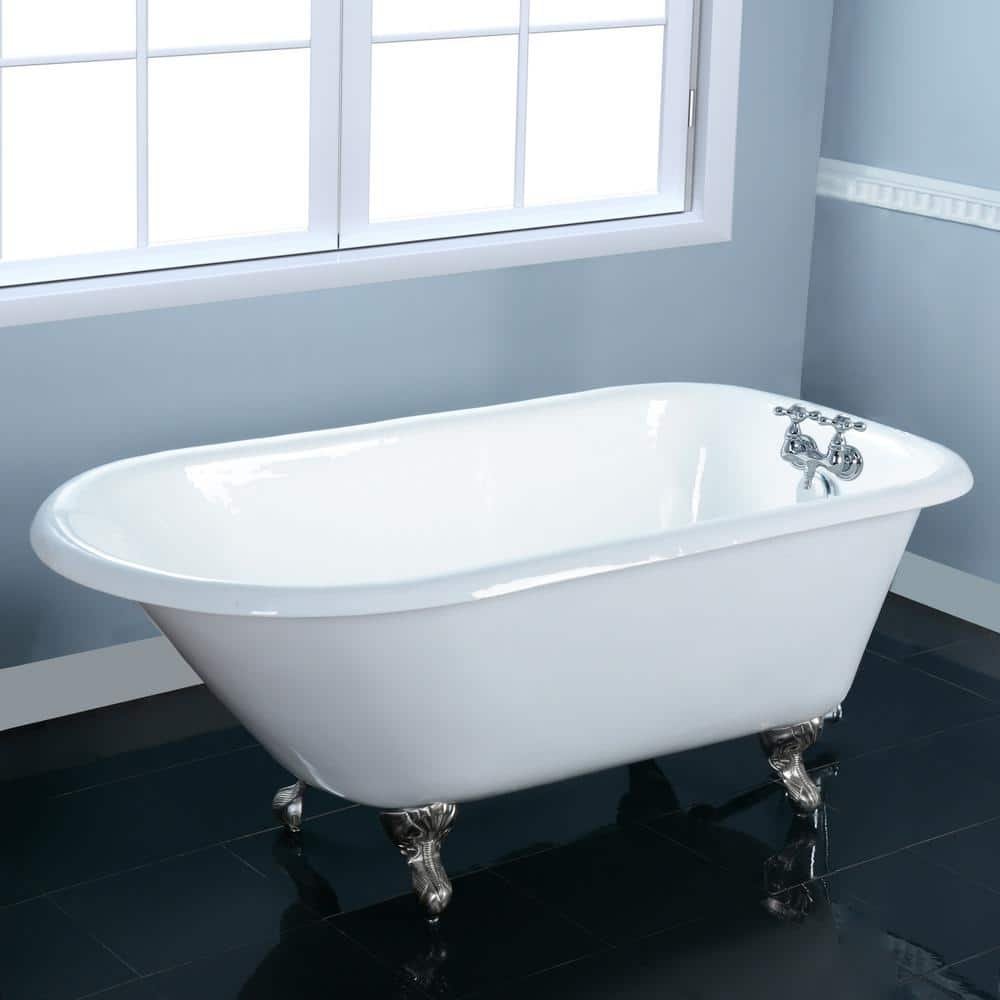 Petite 54 in. Cast Iron Brushed Nickel Roll Top Clawfoot Bathtub with 3-3/8 in. Centers in White - Image 2