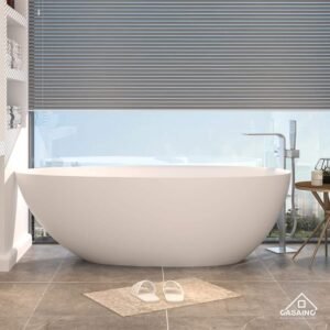 67 in. Egg-Shaped Composite Solid Surface Freestanding Flatbottom Non-Whirlpool Soaking Bathtub in White