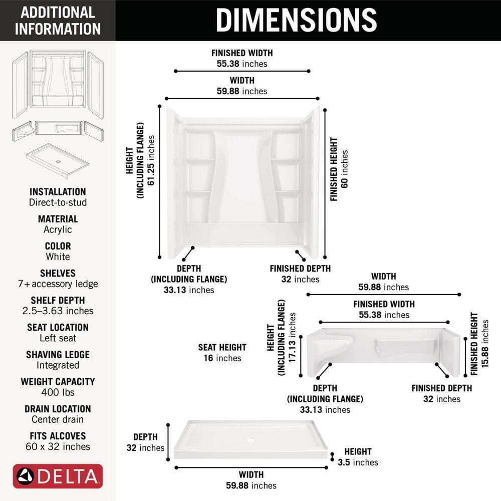 Classic 500 Left Seat 60 in. x 32 in. x 75.88 in. H Alcove Shower Kit Shower Wall and Shower Pan in White - Image 3