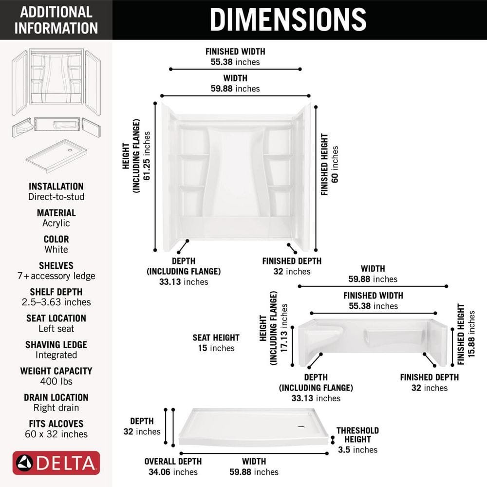 Classic 500 Curve Left Seat 60 in. x 32 in. x 75.88 in. H Alcove Shower Kit Shower Wall and Shower Pan in White - Image 3