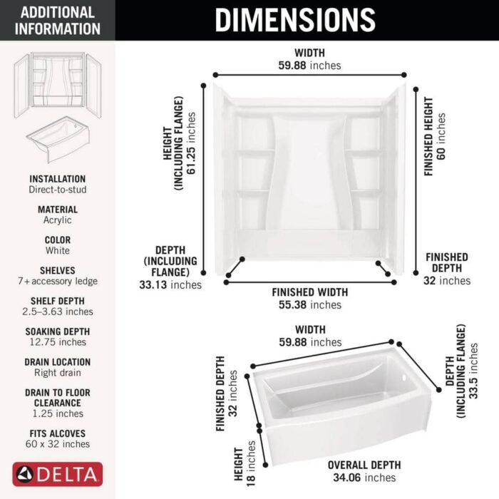 Classic 500 Curve 32 in. x 60 in. x 60 in. Alcove Rectangular Bathtub and Shower Combo in White - Image 3