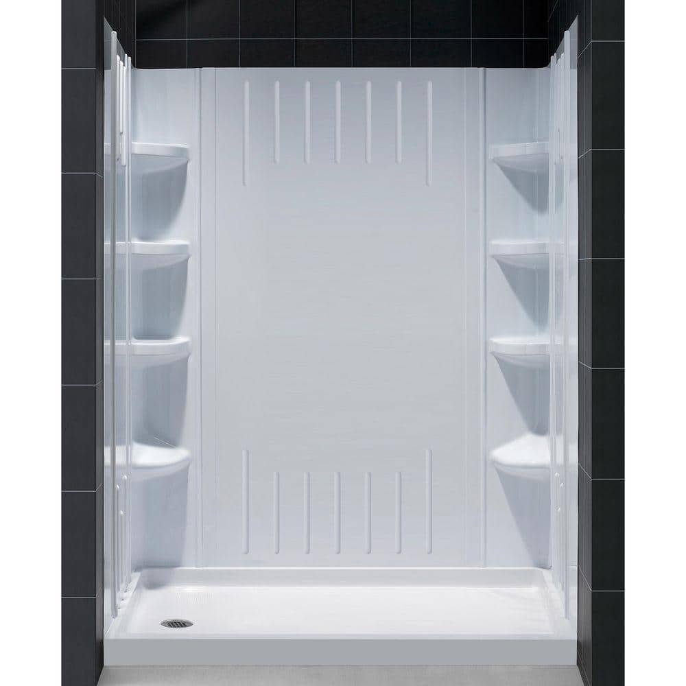 Slimline 60 in. x 32 in. Single Threshold Shower Base in White with Left Hand Drain Base and Back Walls