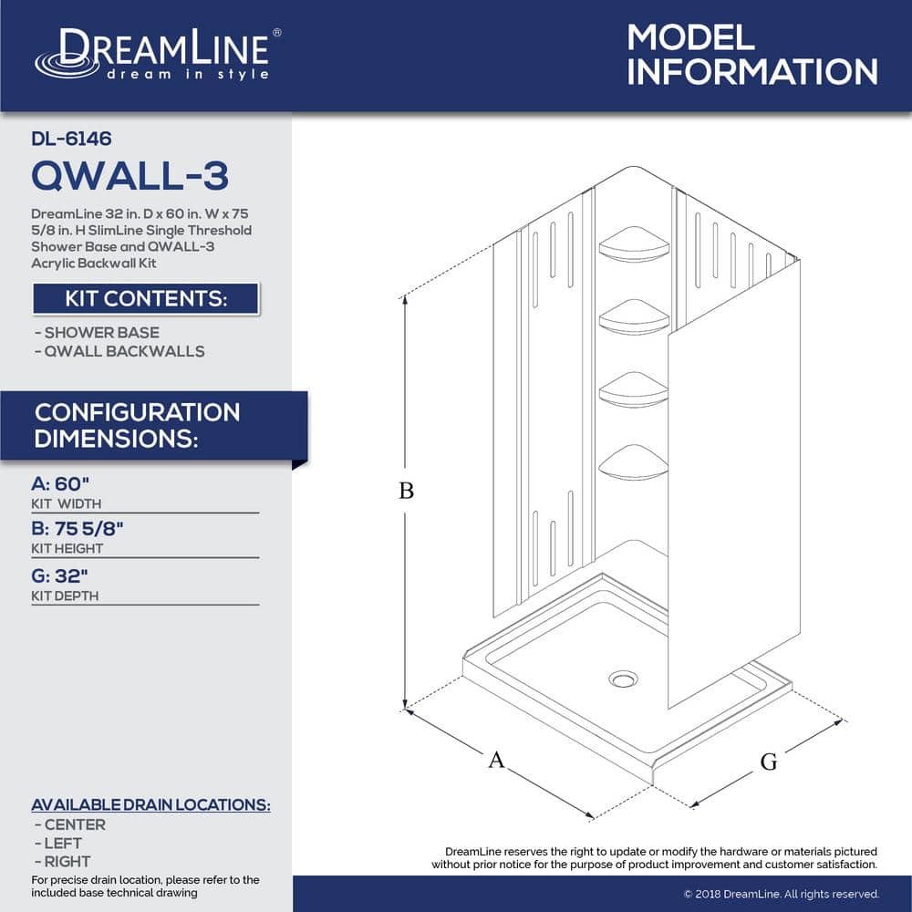 Slimline 60 in. x 32 in. Single Threshold Shower Base in White with Left Hand Drain Base and Back Walls - Image 2