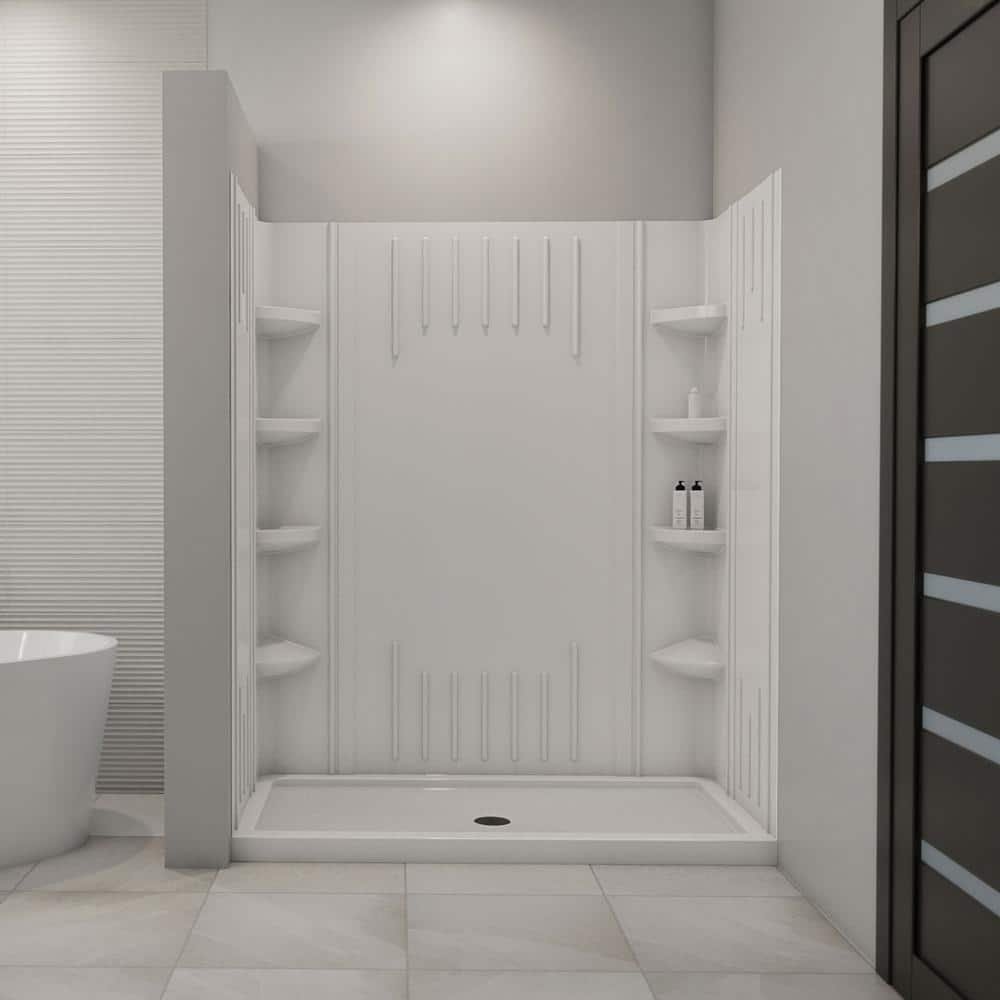 SlimLine 60 in. x 34 in. Single Threshold Shower Base in White with Center Drain Base and Back Walls