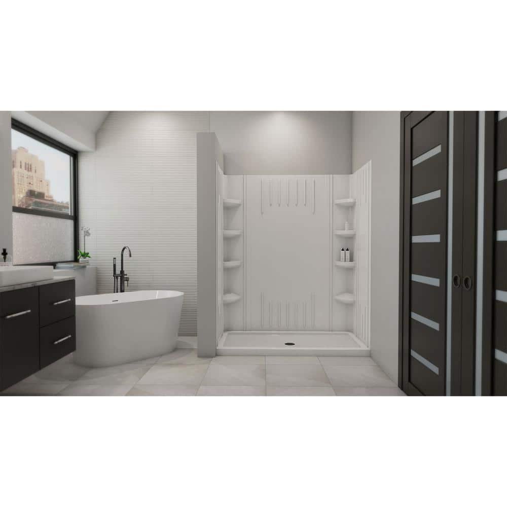 SlimLine 60 in. x 34 in. Single Threshold Shower Base in White with Center Drain Base and Back Walls - Image 2