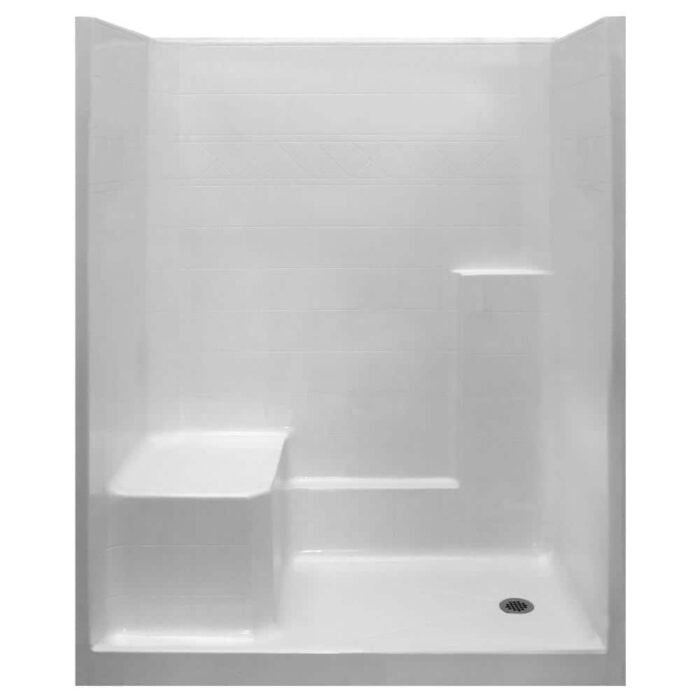 Basic 60 in. x 33 in. x 77 in. AcrylX 1-Piece Shower Kit with Shower Wall and Shower Pan in White, LHS Seat, RHS Drain