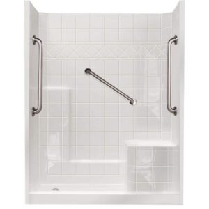 Liberty 60 in. x 33 in. x 77 in. Low Threshold 3-Piece Shower Kit in White with Right Seat, 3 Grab Bars, Left Drain