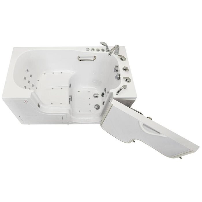 Wheelchair Transfer 60 in. Acrylic Walk-In Whirlpool and Air Bath Bathtub in White, Faucet, Heated Seat, RHS Dual Drain