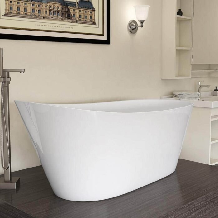 59 in. x 29.1 in. Acrylic Flat Bottom Free Standing Bathtub Oval Freestanding Soaking Bathtub with Side Drain in White - Image 3