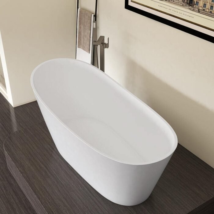 59 in. x 29.1 in. Acrylic Flat Bottom Free Standing Bathtub Oval Freestanding Soaking Bathtub with Side Drain in White - Image 2