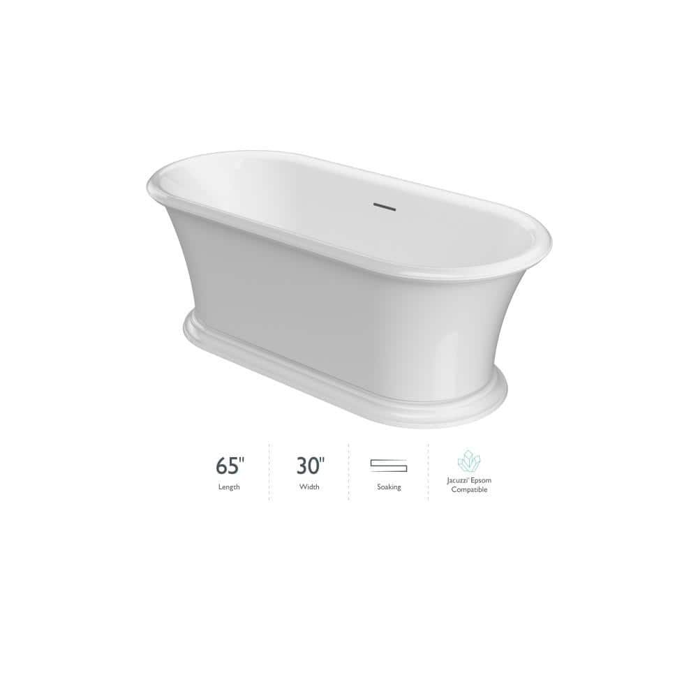 LEONORA 65 in. x 30 in. Soaking Bathtub with Center Drain in White Gloss - Image 3