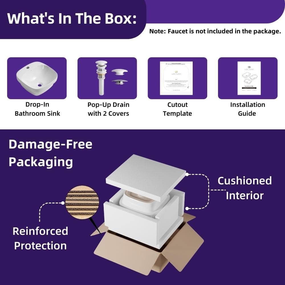 17 in. x 17 in. White Drop-In Bathroom Sink, Square Semi-recessed Sink with Single Faucet Hole, Pop-Up Drain Included - Image 3