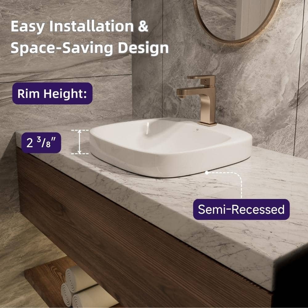 17 in. x 17 in. White Drop-In Bathroom Sink, Square Semi-recessed Sink with Single Faucet Hole, Pop-Up Drain Included - Image 2