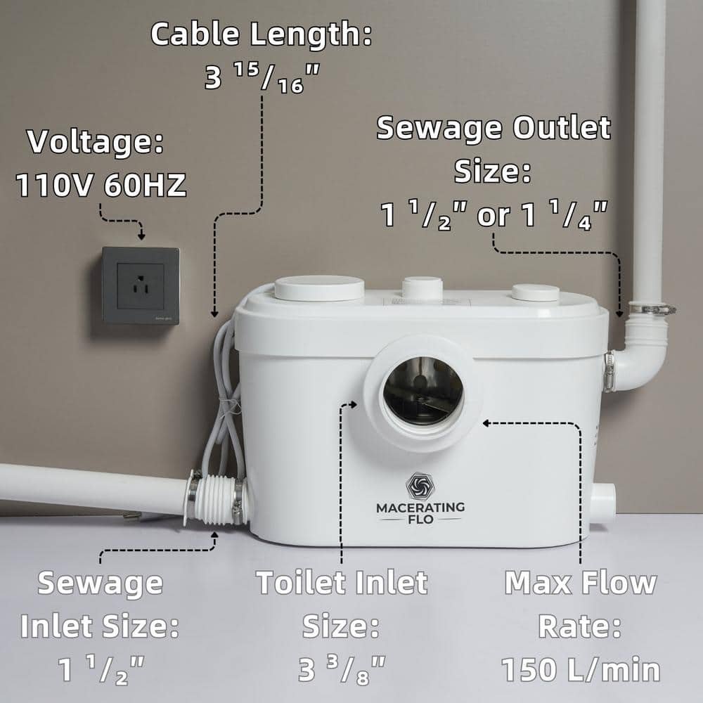 Ultra 750W Upflush Toilet for Basement White 2-Piece Round 1.6GPF Single Flush, Macerator Pump for Sink, Toilet, Bathtub - Image 3