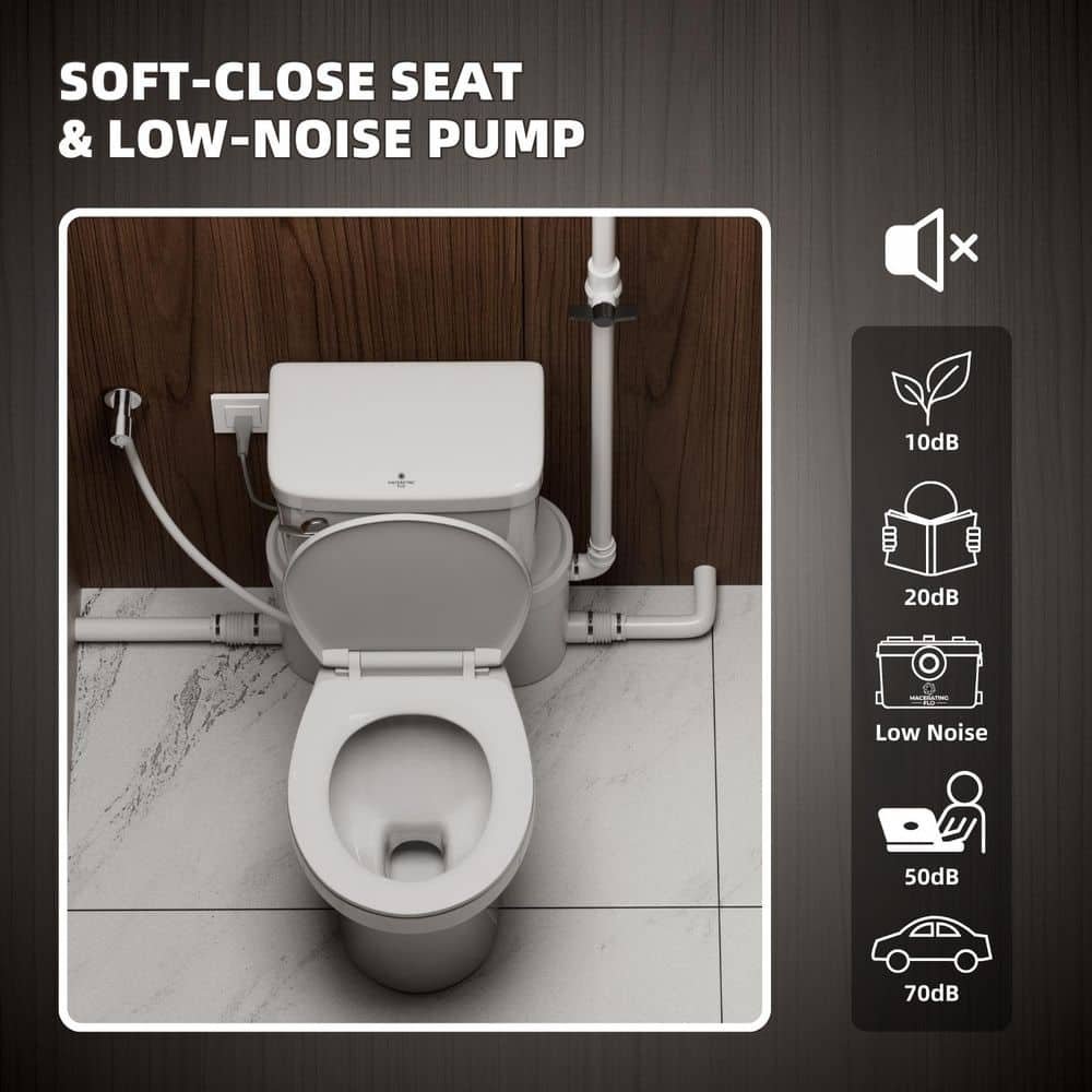 Ultra 750W Upflush Toilet for Basement White 2-Piece Round 1.6GPF Single Flush, Macerator Pump for Sink, Toilet, Bathtub - Image 4