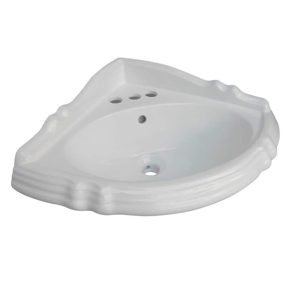 Sheffield White Vitreous China Corner Bathroom Pedestal Sinks with 4 in. Centerset Faucet Holes