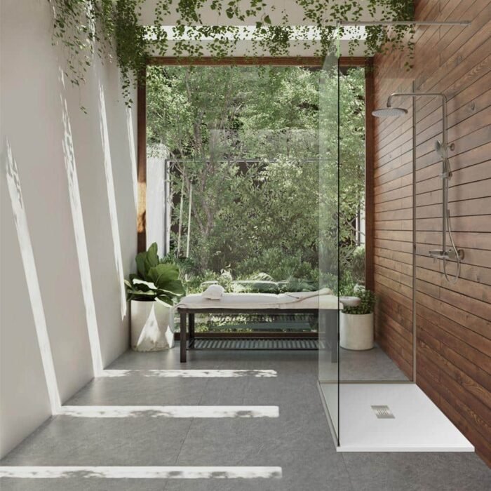 48 in. L x 34 in. W x 1.125 in. H Solid Composite Stone Shower Pan Base with Center Drain in White Sand - Image 2
