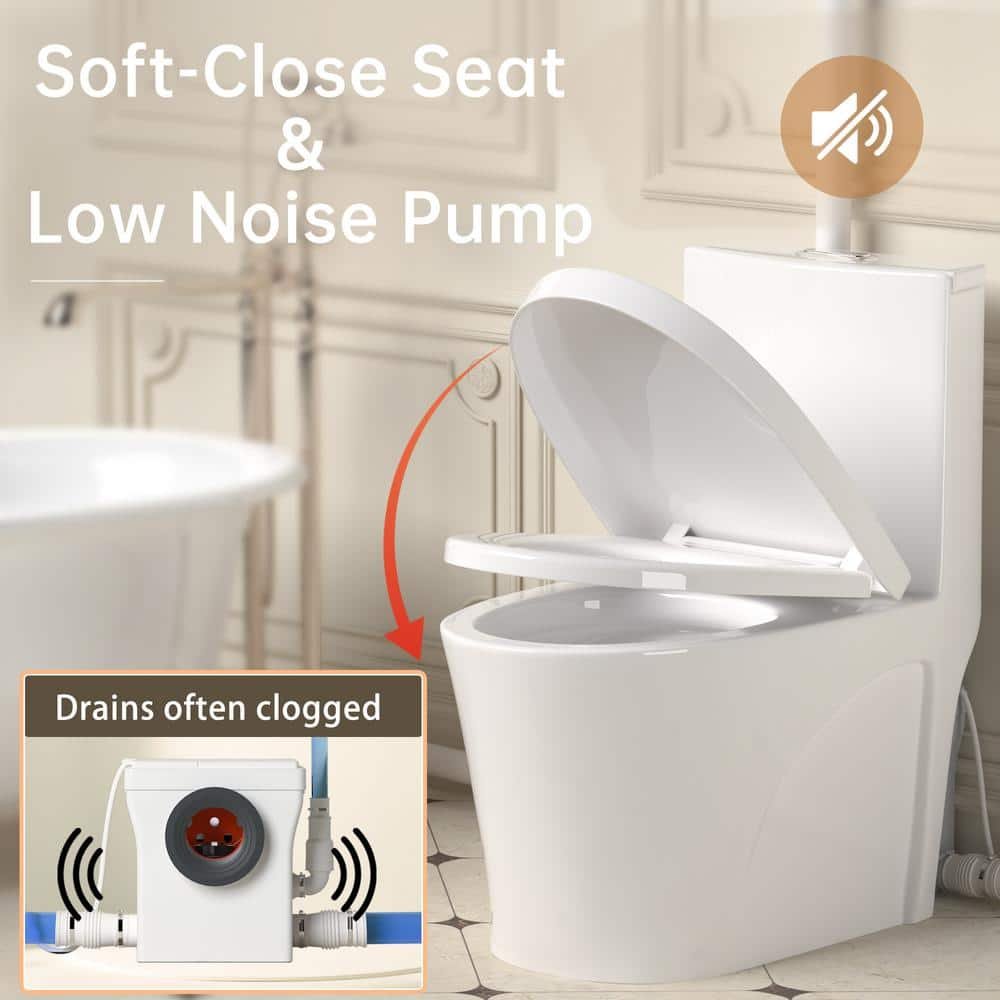 Rear Outlet Macerating 1-Piece 0.8/1.28 GPF Dual Flush Elongated Toilet, with 0.8 HP Macerating Pump in White - Image 3