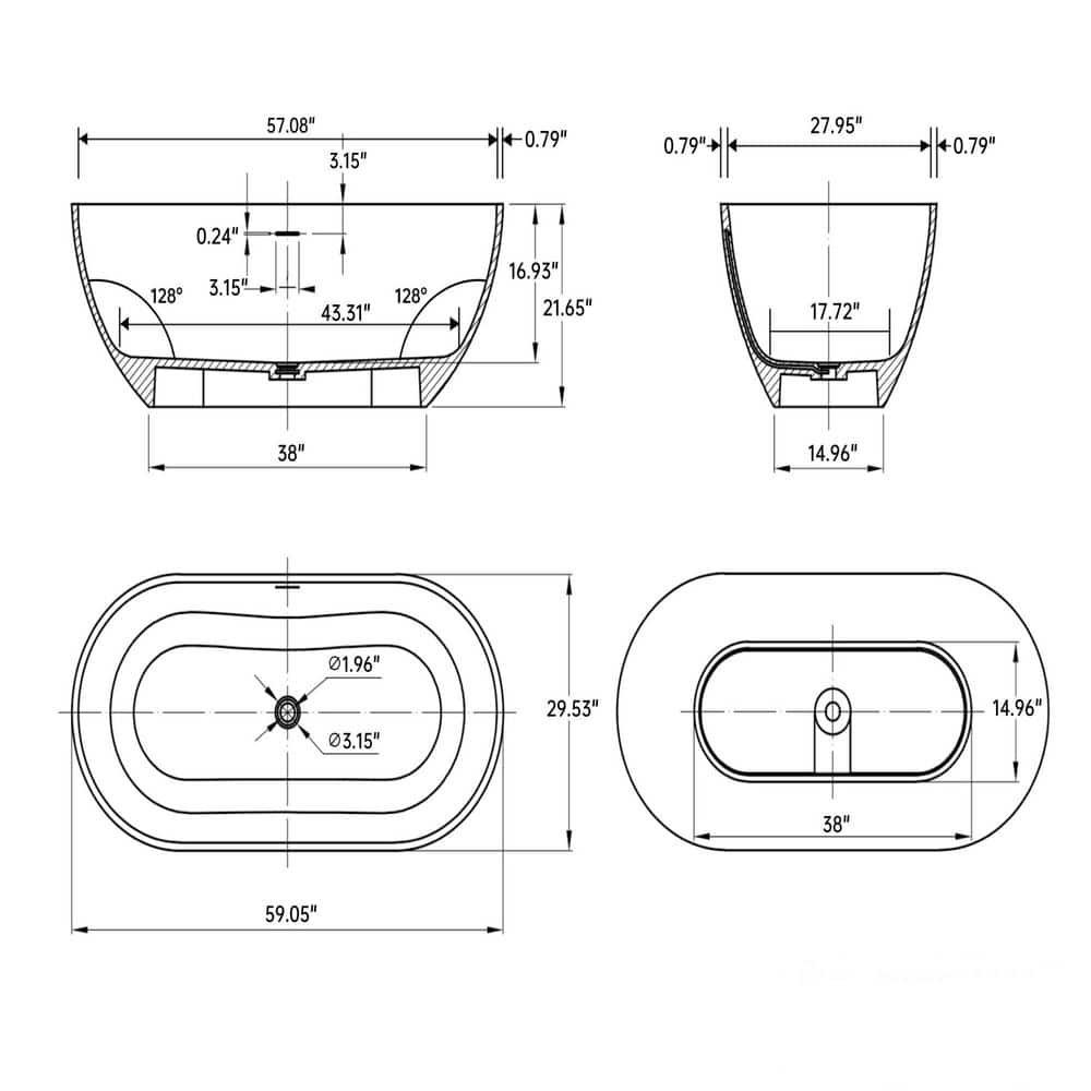 59 in. Stone Resin Flatbottom Solid Surface Freestanding Double Slipper Soaking Bathtub in White with Brass Drain - Image 3