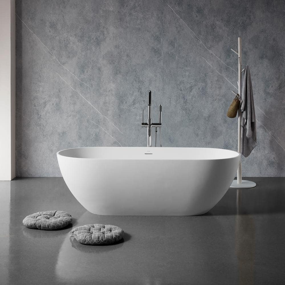 59 in. Stone Resin Flatbottom Solid Surface Freestanding Double Slipper Soaking Bathtub in White with Brass Drain