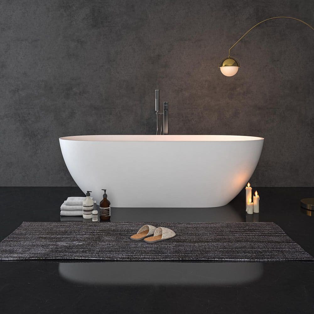 59 in. Stone Resin Flatbottom Solid Surface Freestanding Double Slipper Soaking Bathtub in White with Brass Drain - Image 2