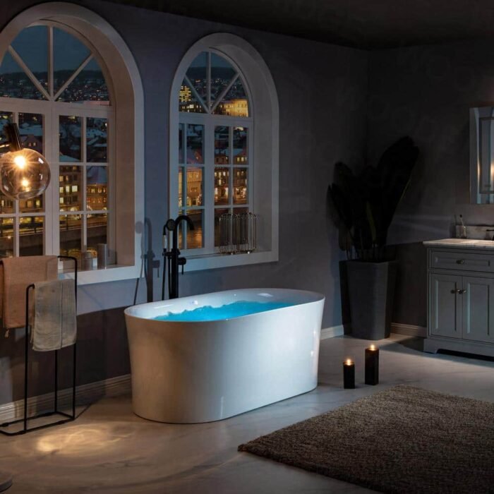 59 in. Acrylic Flatbottom Double Ended Air Bath Bathtub with Brushed Gold Overflow and Drain Included in White - Image 3