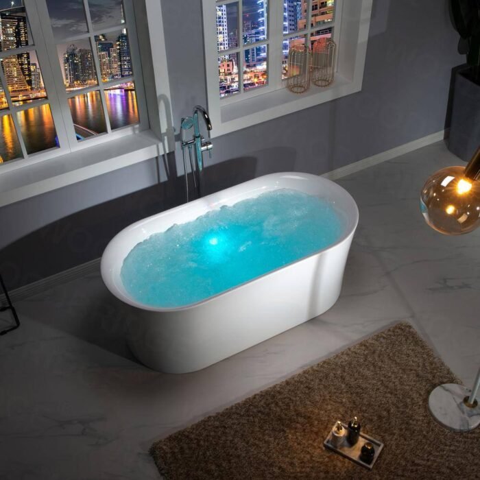 59 in. Acrylic Flatbottom Double Ended Air Bath Bathtub with Brushed Gold Overflow and Drain Included in White - Image 4