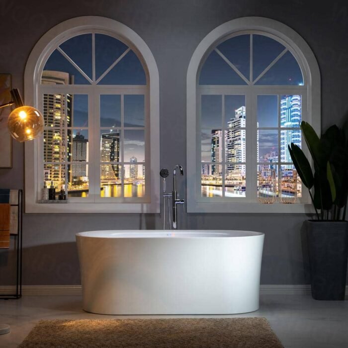 59 in. Acrylic Flatbottom Double Ended Air Bath Bathtub with Brushed Gold Overflow and Drain Included in White - Image 2
