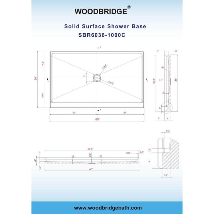 Rothbury 60 in. L x 36 in. W Solid Surface Alcove Shower Pan Base with Center Drain in White - Image 4